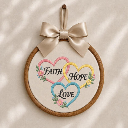 Embroidered Faith Hope Love Oval Hoop Decor, Pastel Hearts Floral Botanical Christian Scripture Wall Art, Baptism Housewarming Gift