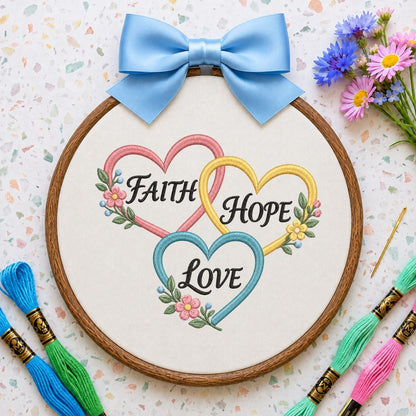 Embroidered Faith Hope Love Oval Hoop Decor, Pastel Hearts Floral Botanical Christian Scripture Wall Art, Baptism Housewarming Gift