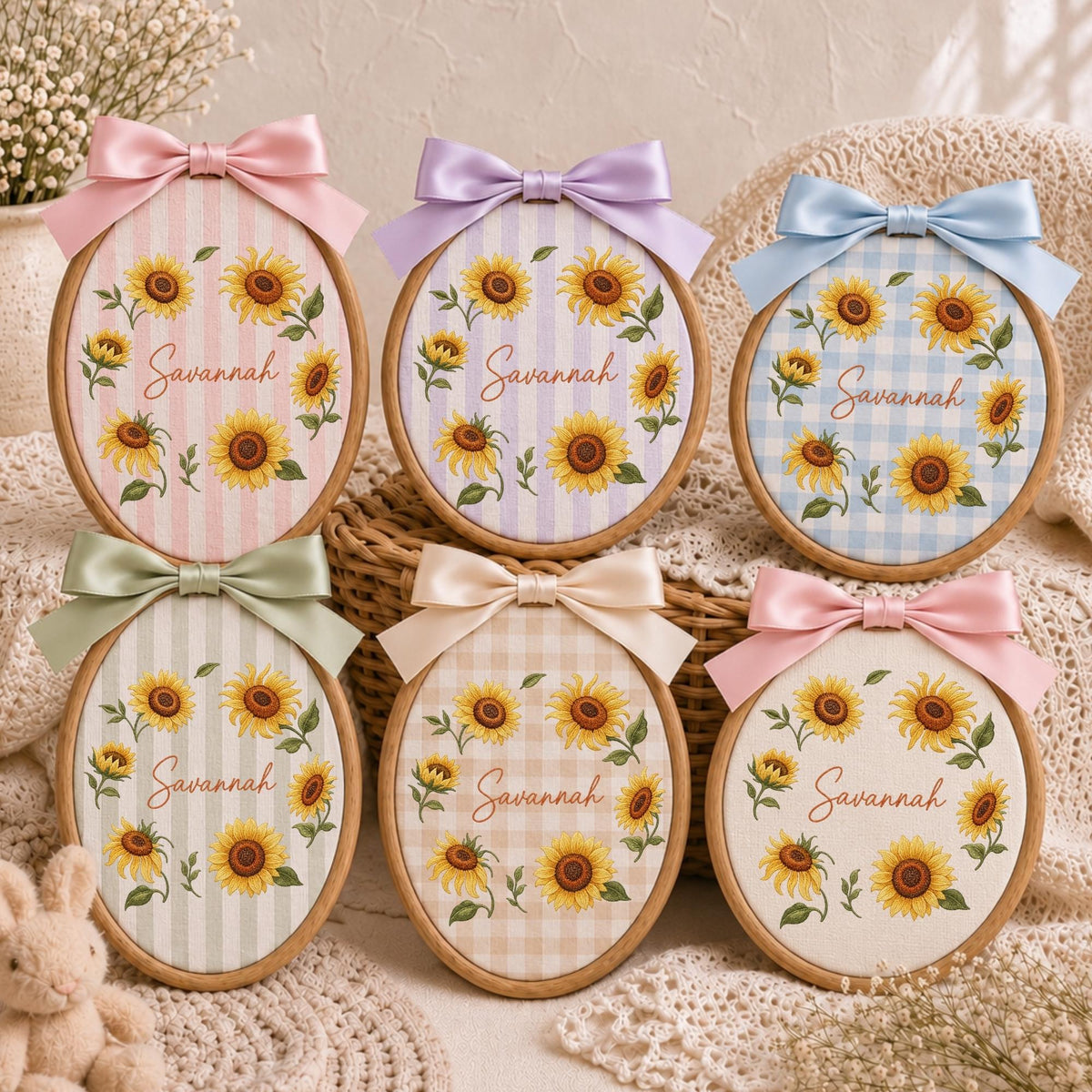 May include: Six oval wooden embroidery hoops featuring fabric with sunflower patterns and the name Savannah embroidered in cursive. Each hoop is topped with a decorative satin ribbon bow in various pastel colors including pink, lavender, blue, and green.
