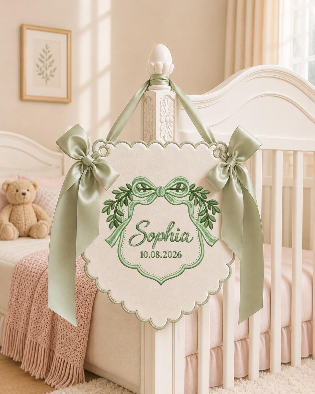 Personalized Baby Name Embroidered Banner, Custom Bow Nursery Wall Hanging, Botanical Name Sign, Newborn Keepsake, Baby Shower Gift
