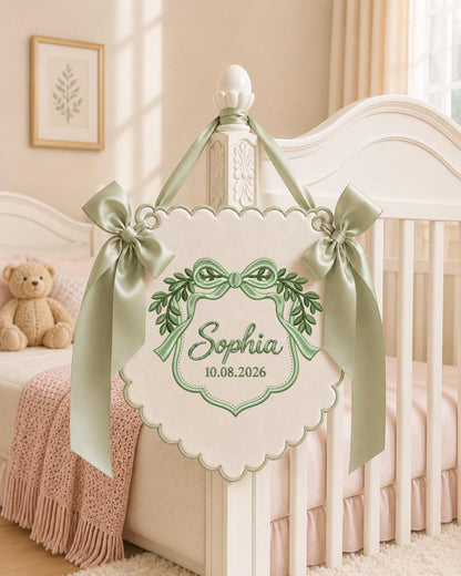 Personalized Baby Name Embroidered Banner, Custom Bow Nursery Wall Hanging, Botanical Name Sign, Newborn Keepsake, Baby Shower Gift