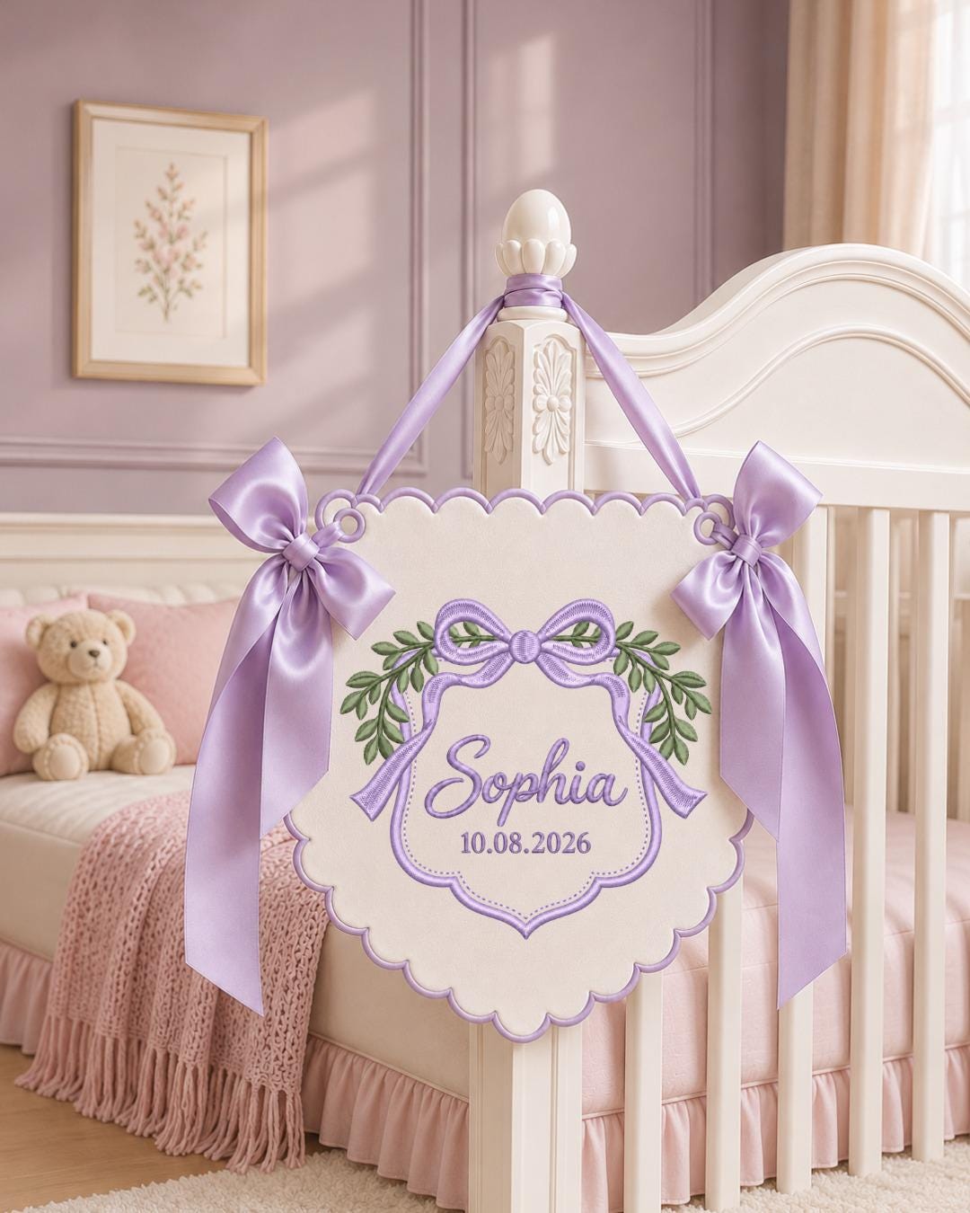 Personalized Baby Name Embroidered Banner, Custom Bow Nursery Wall Hanging, Botanical Name Sign, Newborn Keepsake, Baby Shower Gift