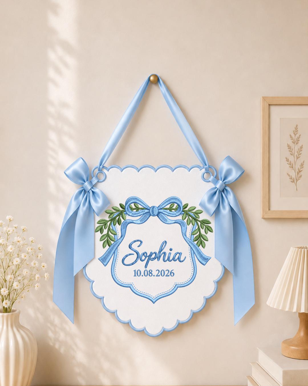 Personalized Baby Name Embroidered Banner, Custom Bow Nursery Wall Hanging, Botanical Name Sign, Newborn Keepsake, Baby Shower Gift