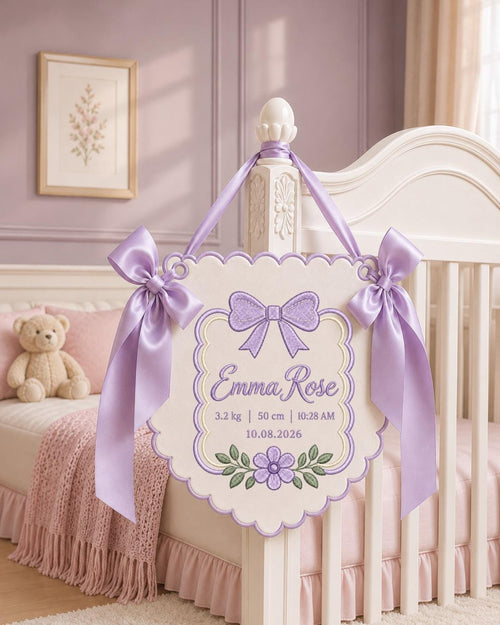 Personalized Baby Birth Stats Embroidered Banner, Custom Baby Name Nursery Wall Hanging, Bow Floral Birth Announcement, Newborn Gift