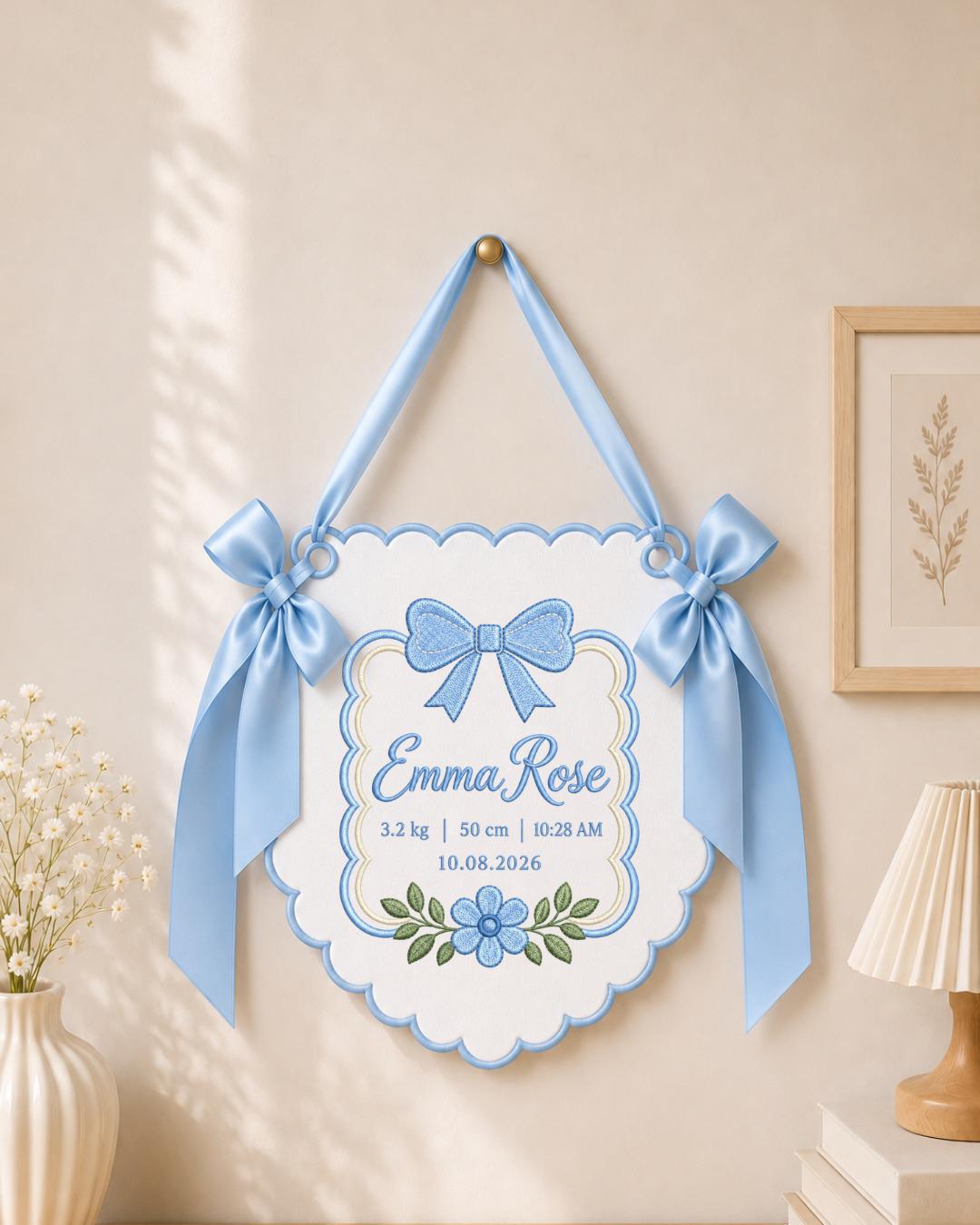 Personalized Baby Birth Stats Embroidered Banner, Custom Baby Name Nursery Wall Hanging, Bow Floral Birth Announcement, Newborn Gift