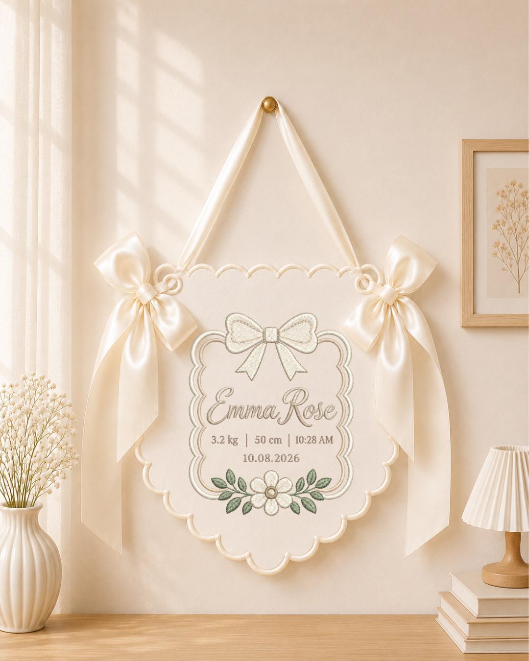 Personalized Baby Birth Stats Embroidered Banner, Custom Baby Name Nursery Wall Hanging, Bow Floral Birth Announcement, Newborn Gift