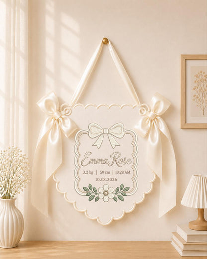 Personalized Baby Birth Stats Embroidered Banner, Custom Baby Name Nursery Wall Hanging, Bow Floral Birth Announcement, Newborn Gift