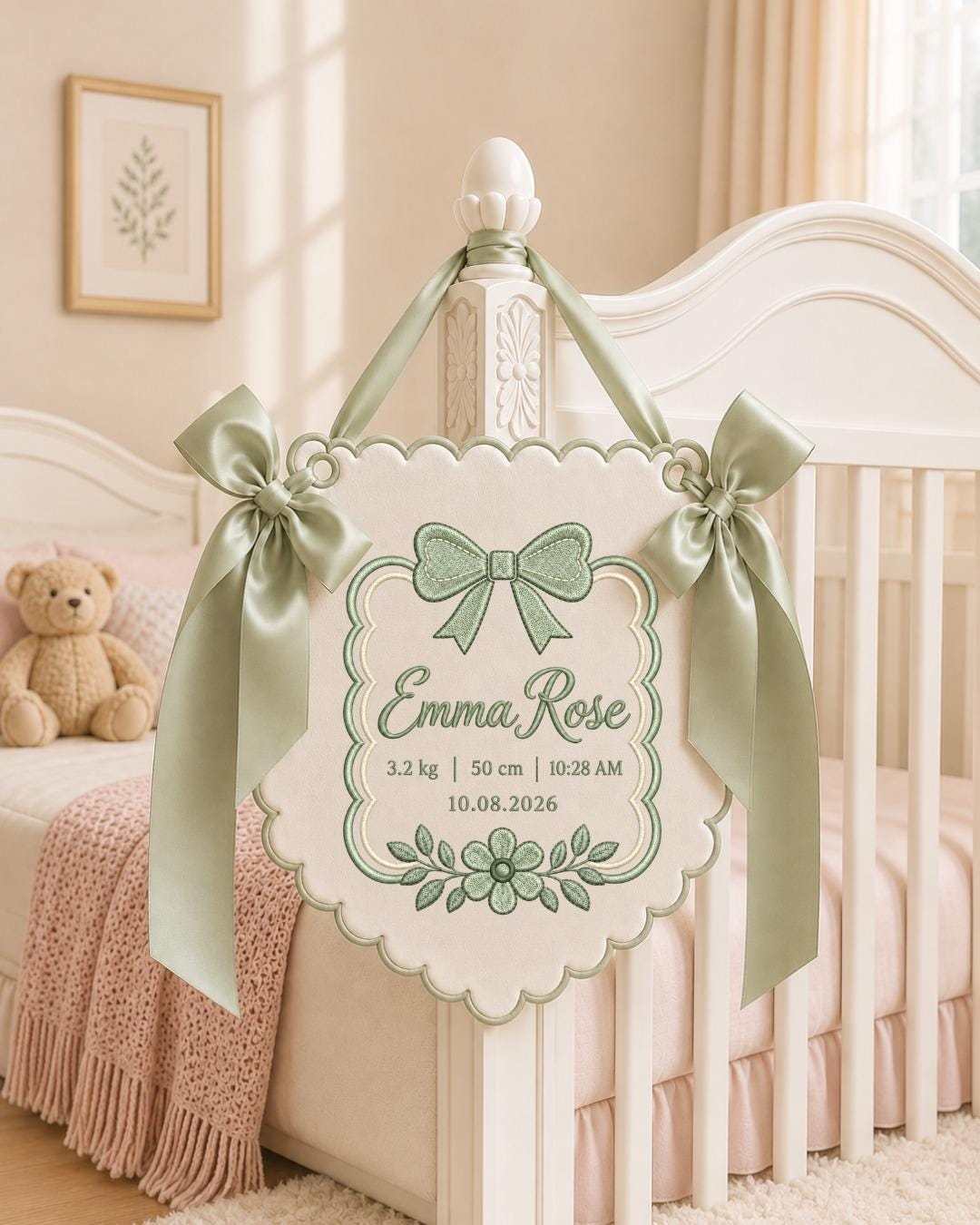 Personalized Baby Birth Stats Embroidered Banner, Custom Baby Name Nursery Wall Hanging, Bow Floral Birth Announcement, Newborn Gift