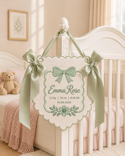 Personalized Baby Birth Stats Embroidered Banner, Custom Baby Name Nursery Wall Hanging, Bow Floral Birth Announcement, Newborn Gift