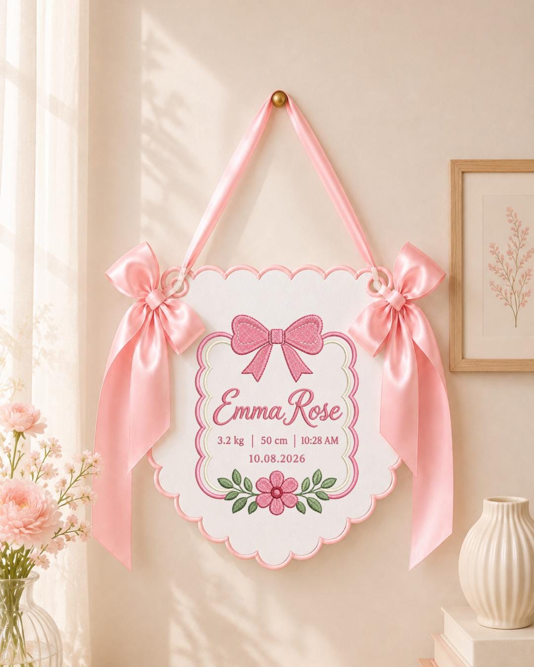 Personalized Baby Birth Stats Embroidered Banner, Custom Baby Name Nursery Wall Hanging, Bow Floral Birth Announcement, Newborn Gift