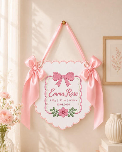 Personalized Baby Birth Stats Embroidered Banner, Custom Baby Name Nursery Wall Hanging, Bow Floral Birth Announcement, Newborn Gift