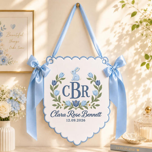 Personalized Rabbit Floral Crest Scalloped Banner Decor, Custom Embroidered Name Date Initial Tulip Nursery Wall Hanging Sign