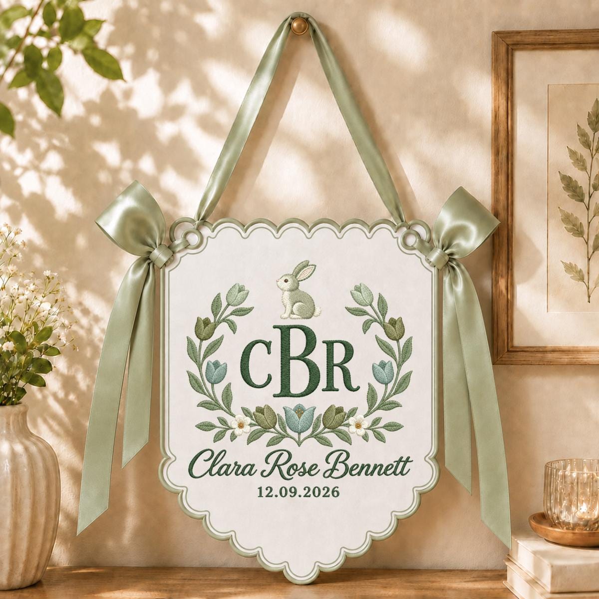 Personalized Rabbit Floral Crest Scalloped Banner Decor, Custom Embroidered Name Date Initial Tulip Nursery Wall Hanging Sign