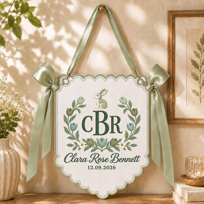 Personalized Rabbit Floral Crest Scalloped Banner Decor, Custom Embroidered Name Date Initial Tulip Nursery Wall Hanging Sign
