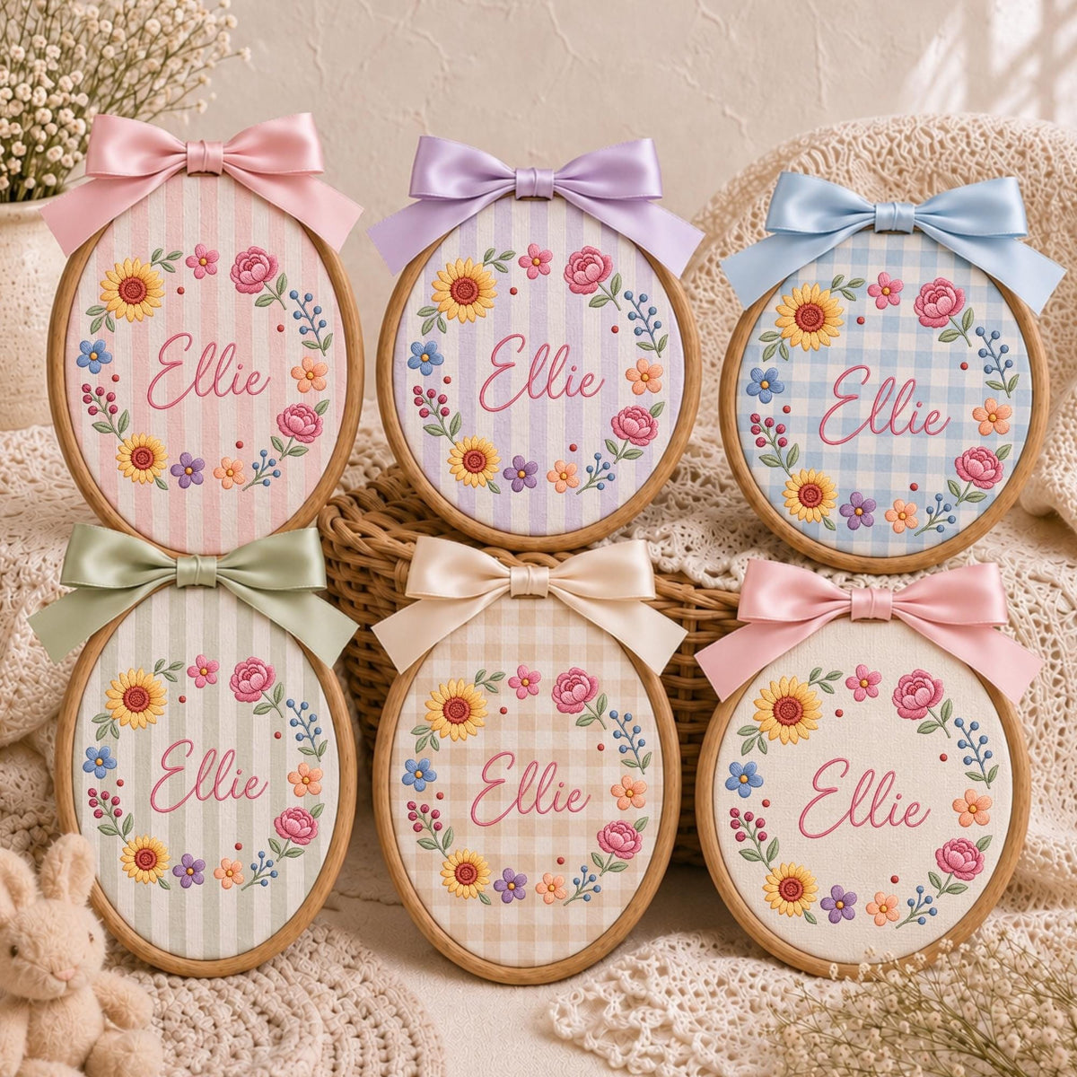 May include: Six oval wooden embroidery hoops featuring the name Ellie stitched in pink cursive script. Each hoop displays a floral wreath of sunflowers and small blossoms on various pastel striped or checkered fabrics, topped with a satin bow.