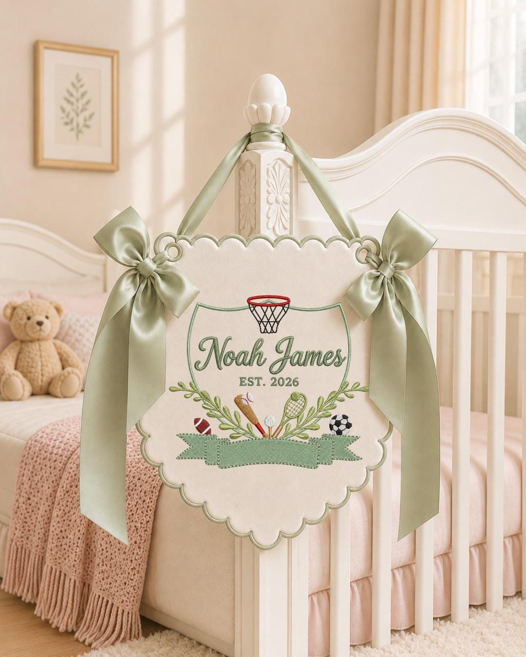 Personalized Sports Baby Name Embroidered Banner, Custom Boys Nursery Wall Hanging, Basketball Football Soccer Baby Gift, Birth Announcement