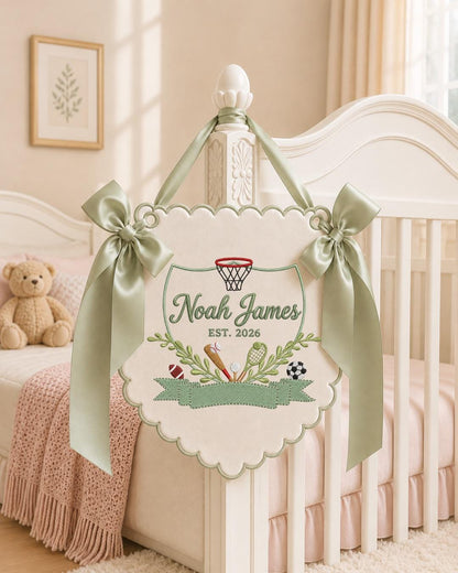 Personalized Sports Baby Name Embroidered Banner, Custom Boys Nursery Wall Hanging, Basketball Football Soccer Baby Gift, Birth Announcement