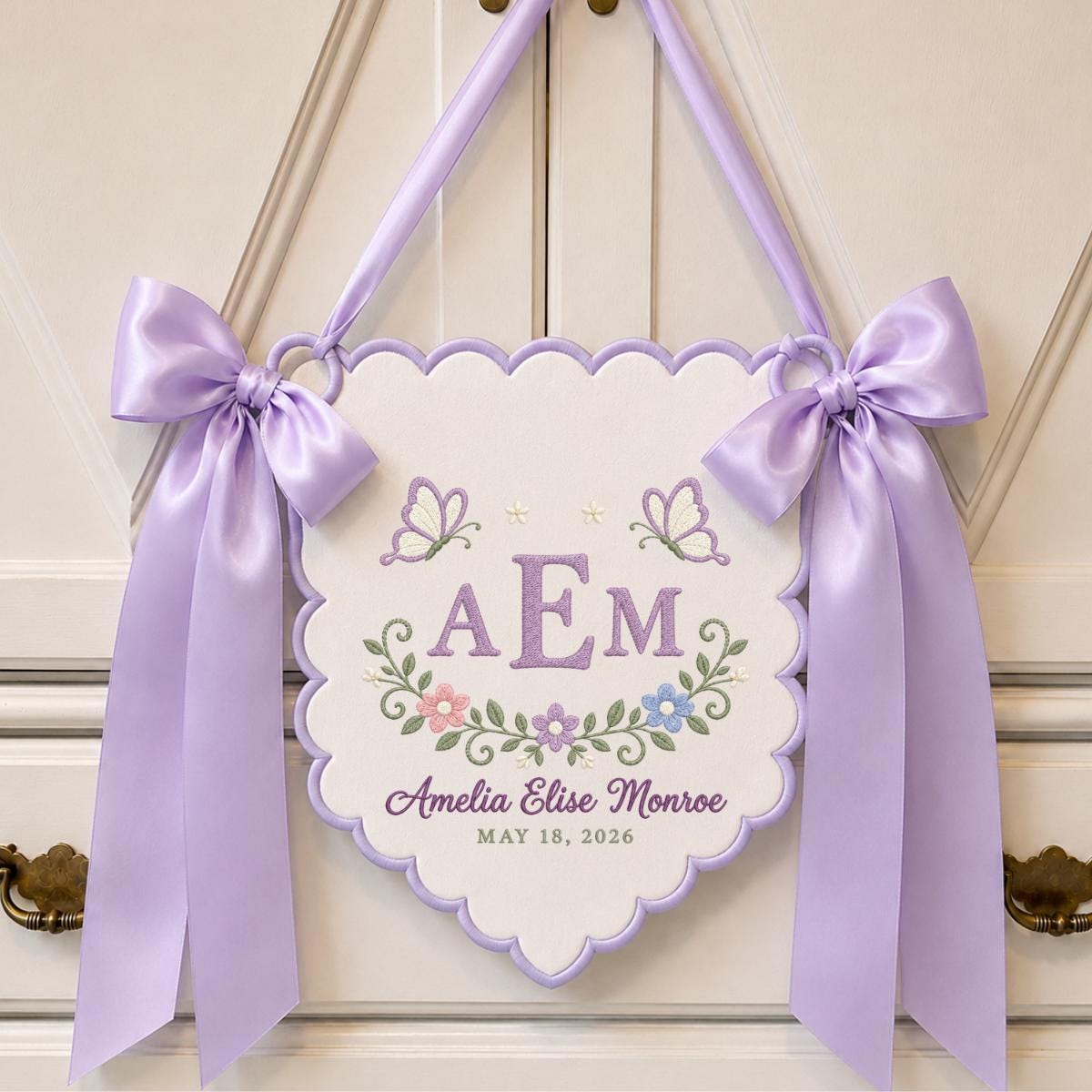 Personalized Newborn Nursery Wall Banner, White Scalloped Pennant with Gold Initials, Butterfly Floral Embroidery Baby Shower Gift