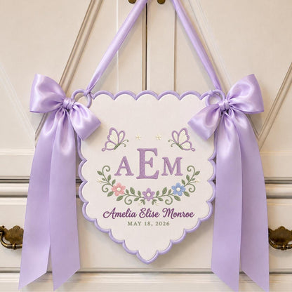 Personalized Newborn Nursery Wall Banner, White Scalloped Pennant with Gold Initials, Butterfly Floral Embroidery Baby Shower Gift