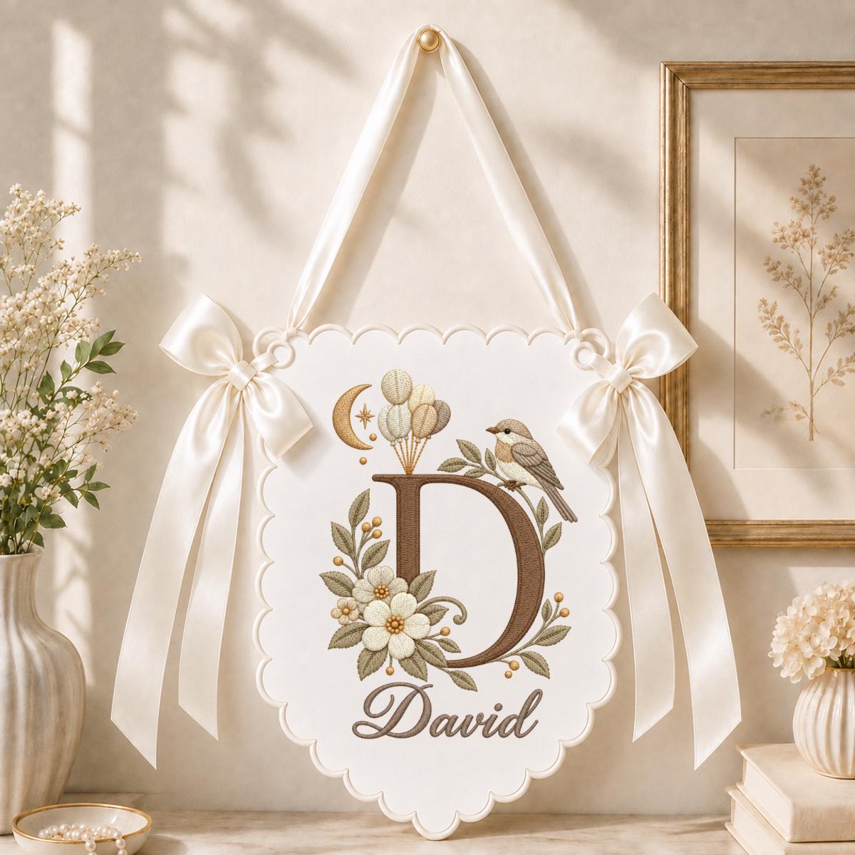 Custom Name Initial Embroidered Scalloped Wall Banner Decor, Lavender Satin Bows Bird David Baby Shower Hospital Door Sign Keepsake