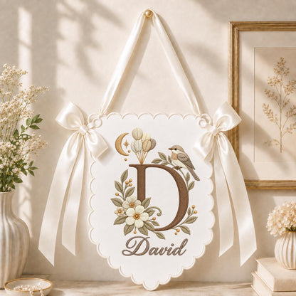 Custom Name Initial Embroidered Scalloped Wall Banner Decor, Lavender Satin Bows Bird David Baby Shower Hospital Door Sign Keepsake