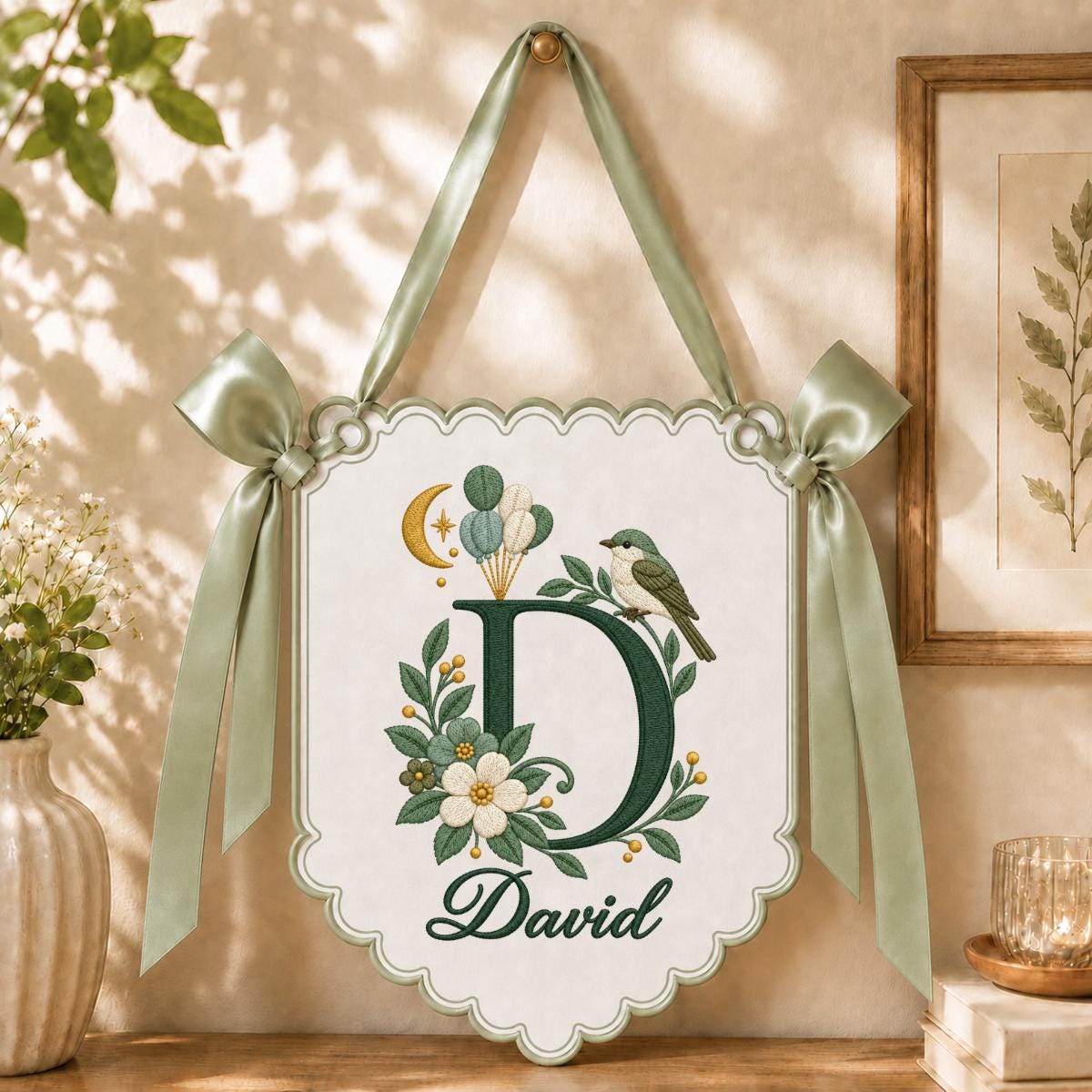 Custom Name Initial Embroidered Scalloped Wall Banner Decor, Lavender Satin Bows Bird David Baby Shower Hospital Door Sign Keepsake