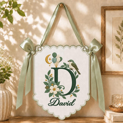 Custom Name Initial Embroidered Scalloped Wall Banner Decor, Lavender Satin Bows Bird David Baby Shower Hospital Door Sign Keepsake