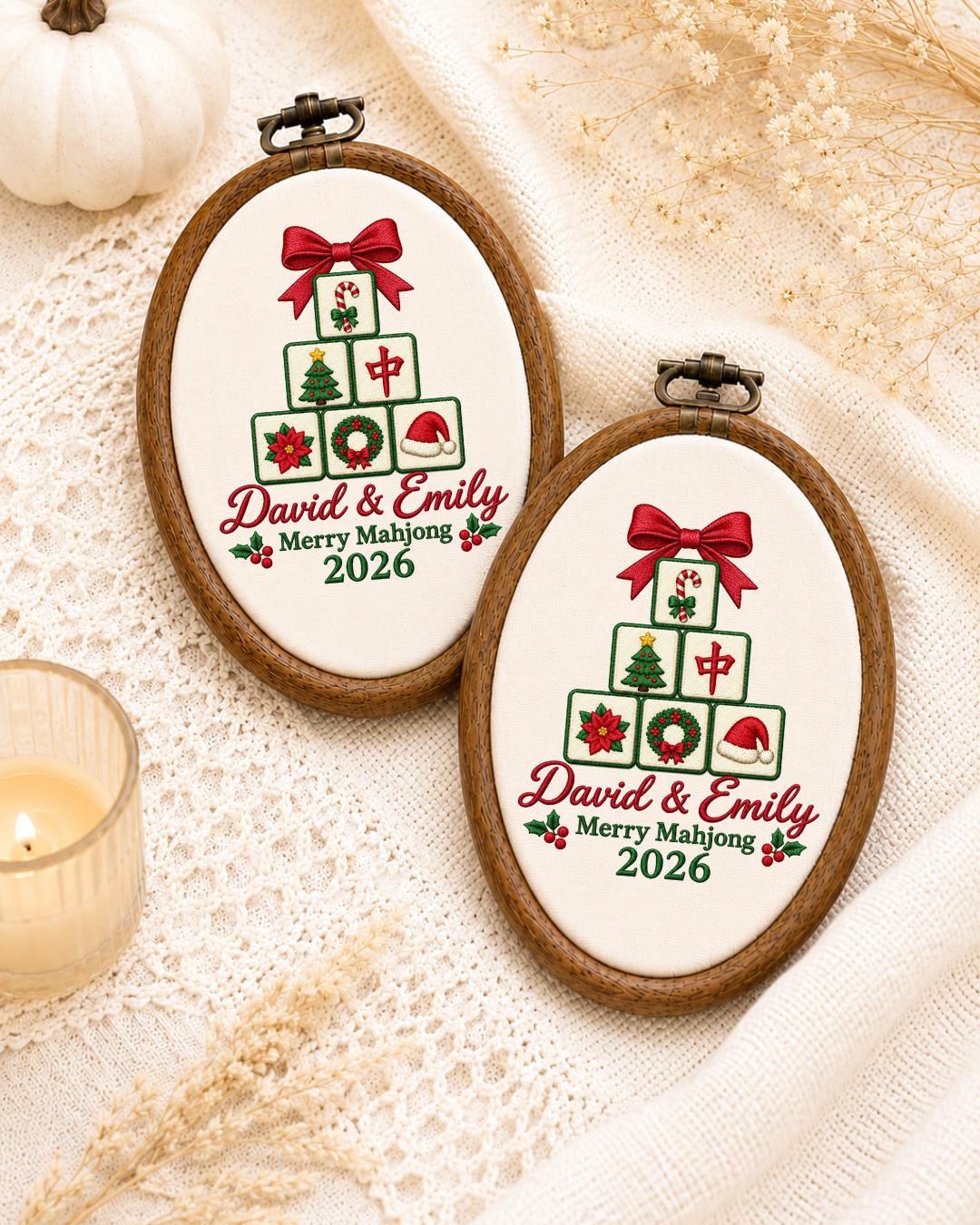 Personalized Mahjong Christmas Embroidered Ornament, Custom Couple Names Hoop, Mahjong Lover Gift, Holiday Keepsake, Christmas 2026