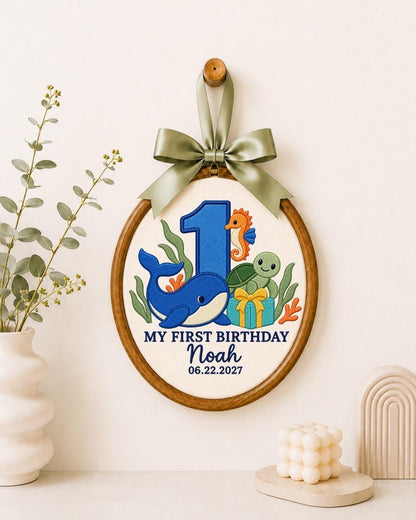 Personalized First Birthday Embroidered Ornament, Ocean Animal 1st Birthday Gift, Custom Baby Name Hoop, Whale Turtle Seahorse Keepsake