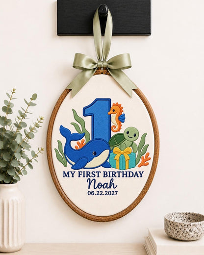 Personalized First Birthday Embroidered Ornament, Ocean Animal 1st Birthday Gift, Custom Baby Name Hoop, Whale Turtle Seahorse Keepsake