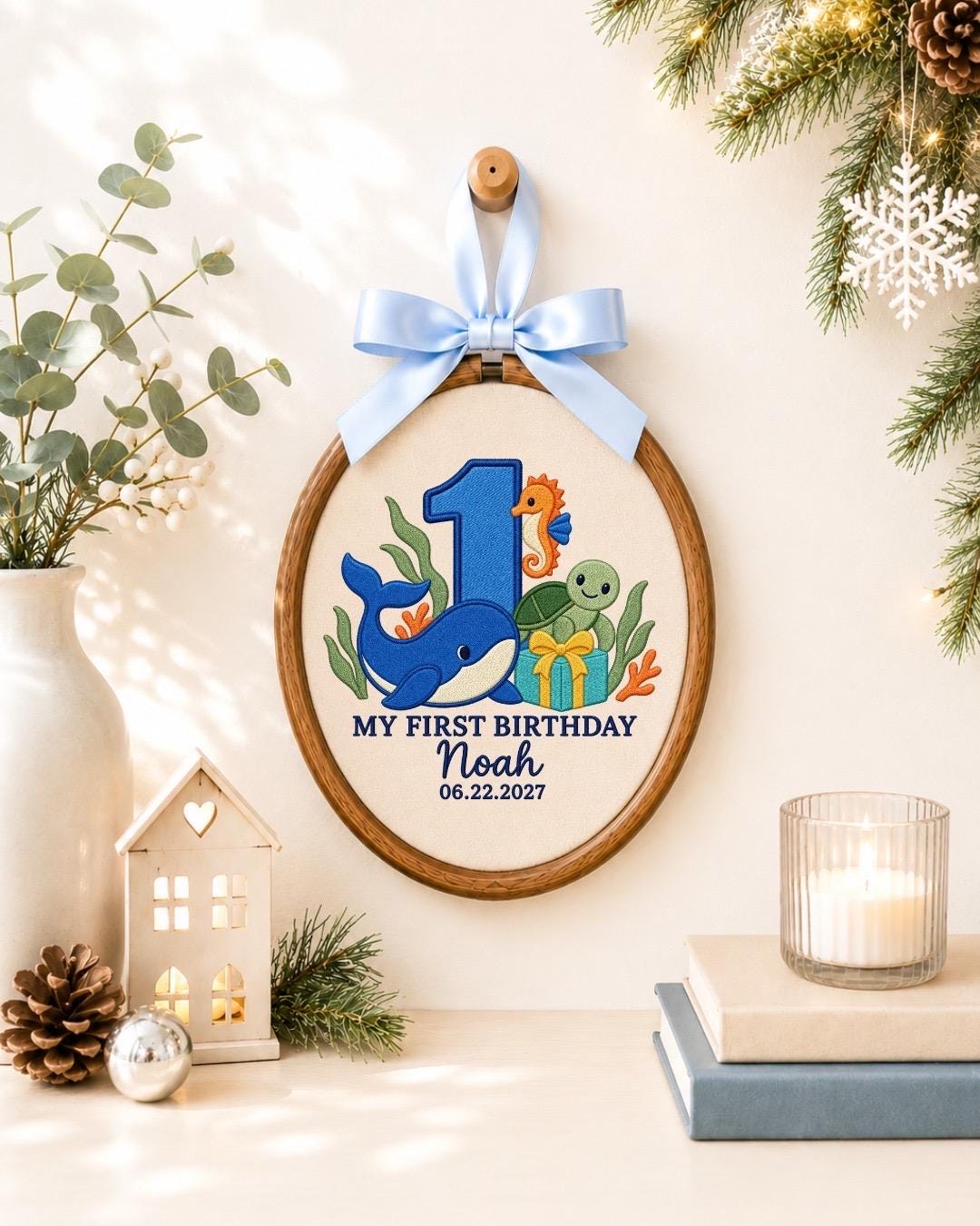 Personalized First Birthday Embroidered Ornament, Ocean Animal 1st Birthday Gift, Custom Baby Name Hoop, Whale Turtle Seahorse Keepsake