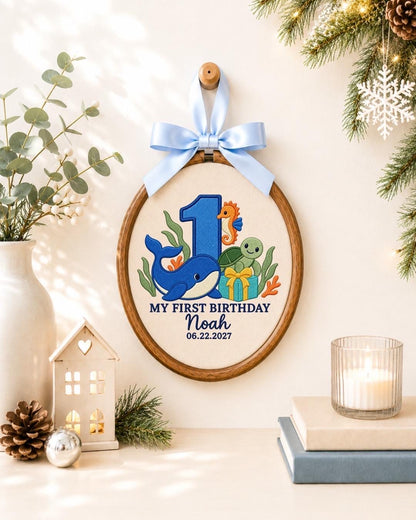 Personalized First Birthday Embroidered Ornament, Ocean Animal 1st Birthday Gift, Custom Baby Name Hoop, Whale Turtle Seahorse Keepsake