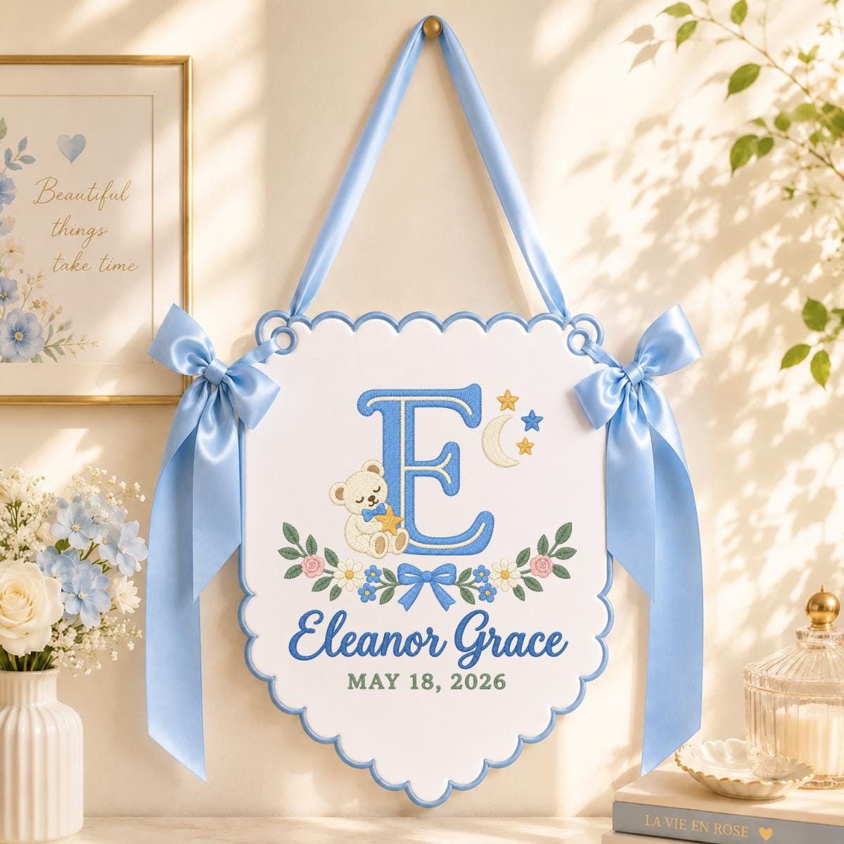 Personalized Baby Name Banner, Lilac Scalloped Nursery Wall Hanging with Bear, Moon and Floral Embroidery, Eleanor Grace Keepsake Gift