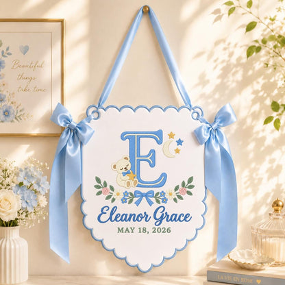 Personalized Baby Name Banner, Lilac Scalloped Nursery Wall Hanging with Bear, Moon and Floral Embroidery, Eleanor Grace Keepsake Gift