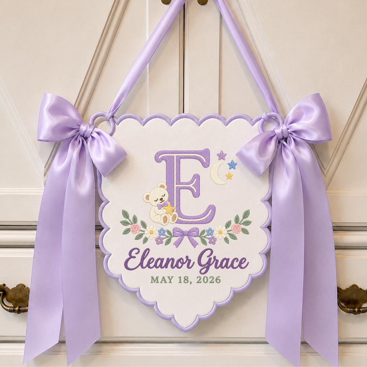 Personalized Baby Name Banner, Lilac Scalloped Nursery Wall Hanging with Bear, Moon and Floral Embroidery, Eleanor Grace Keepsake Gift