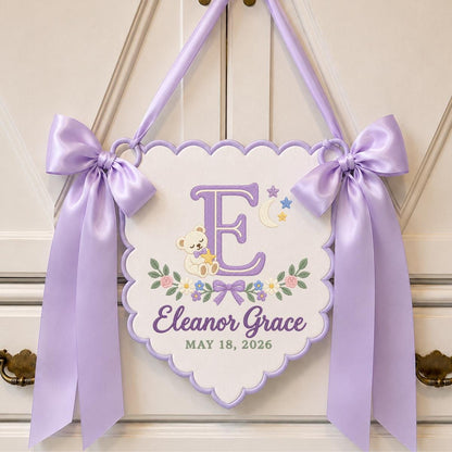 Personalized Baby Name Banner, Lilac Scalloped Nursery Wall Hanging with Bear, Moon and Floral Embroidery, Eleanor Grace Keepsake Gift