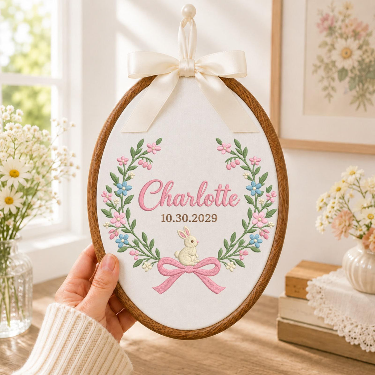 Personalized Bunny Embroidered Ornament, Custom Baby Girl Name & Date Floral Hoop, Nursery Wall Decor, Newborn Keepsake, Baby Shower Gift