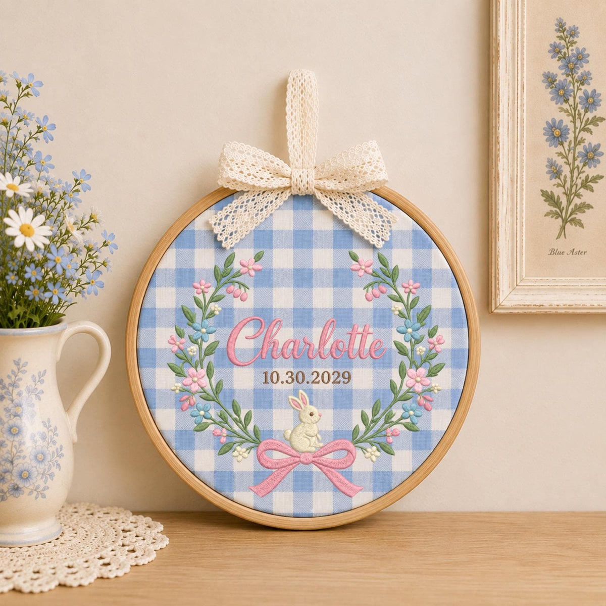 Personalized Bunny Embroidered Ornament, Custom Baby Girl Name & Date Floral Hoop, Nursery Wall Decor, Newborn Keepsake, Baby Shower Gift