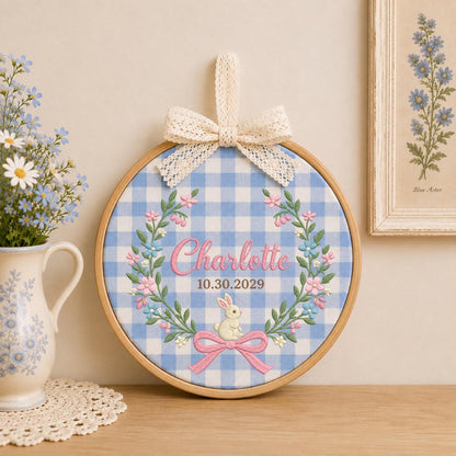Personalized Bunny Embroidered Ornament, Custom Baby Girl Name & Date Floral Hoop, Nursery Wall Decor, Newborn Keepsake, Baby Shower Gift