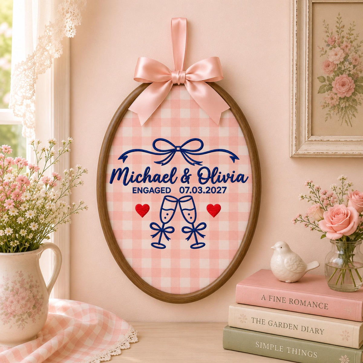 Personalized Engagement Embroidered Ornament, Custom Couple Names & Engagement Date Hoop, Engaged Couple Gift, Wedding Keepsake, Fiancée