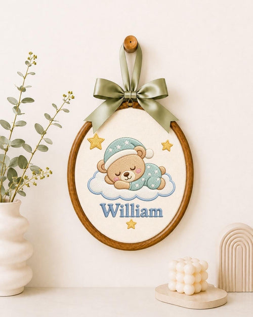 Personalized Baby Bear Embroidered Ornament, Custom Baby Name Nursery Decor, Sleeping Teddy Bear Keepsake, Newborn Baby Shower Gift