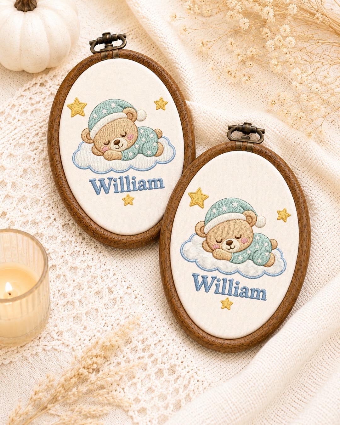 Personalized Baby Bear Embroidered Ornament, Custom Baby Name Nursery Decor, Sleeping Teddy Bear Keepsake, Newborn Baby Shower Gift