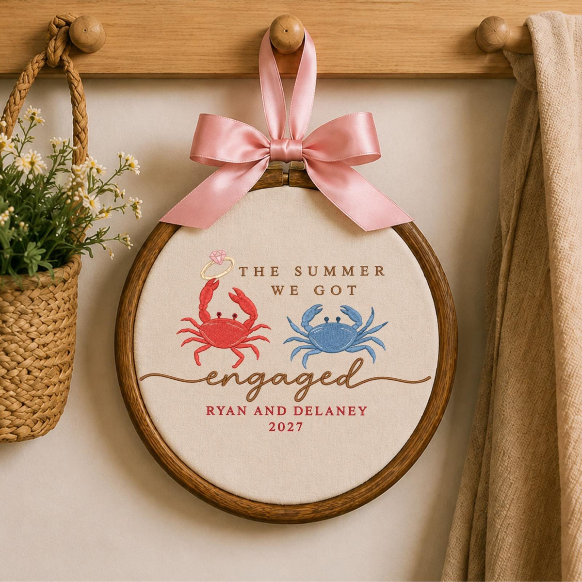 Personalized Summer Engagement Embroidered Ornament, Custom Engaged Couple Names, Crab Engagement Gift, Beach Proposal Keepsake