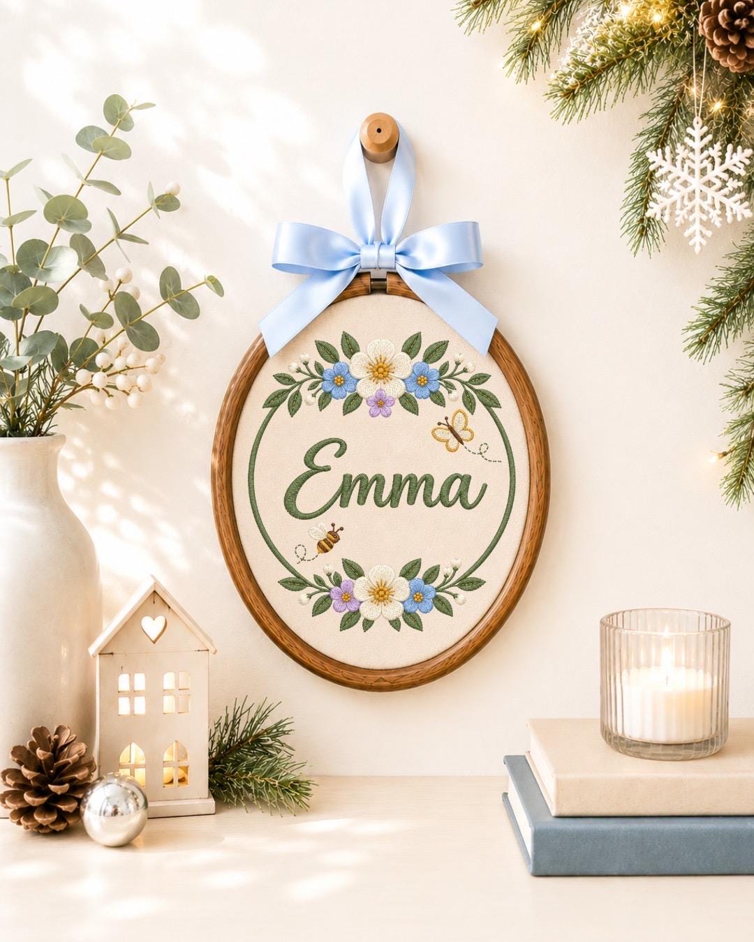 Personalized Floral Embroidered Ornament, Custom Baby Name Flower Hoop, Butterfly Bee Nursery Decor, Baby Girl Name Sign, Baby Shower Gift