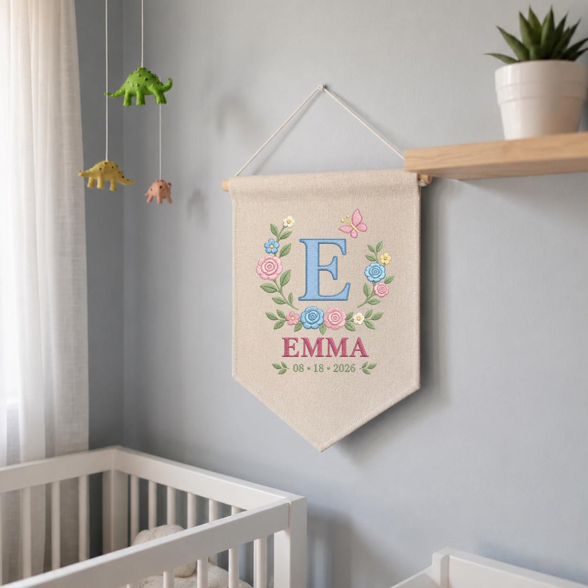 Personalized Baby Name Banner, Blue E Monogram and Emma Name, Floral Embroidered Nursery Wall Hanging, Custom Newborn Keepsake Gift