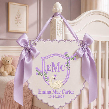 Personalized Swan Monogram Embroidered Banner, Custom Baby Name Wall Hanging, Blue Floral Nursery Decor, Baby Boy Name Sign, Newborn Gift