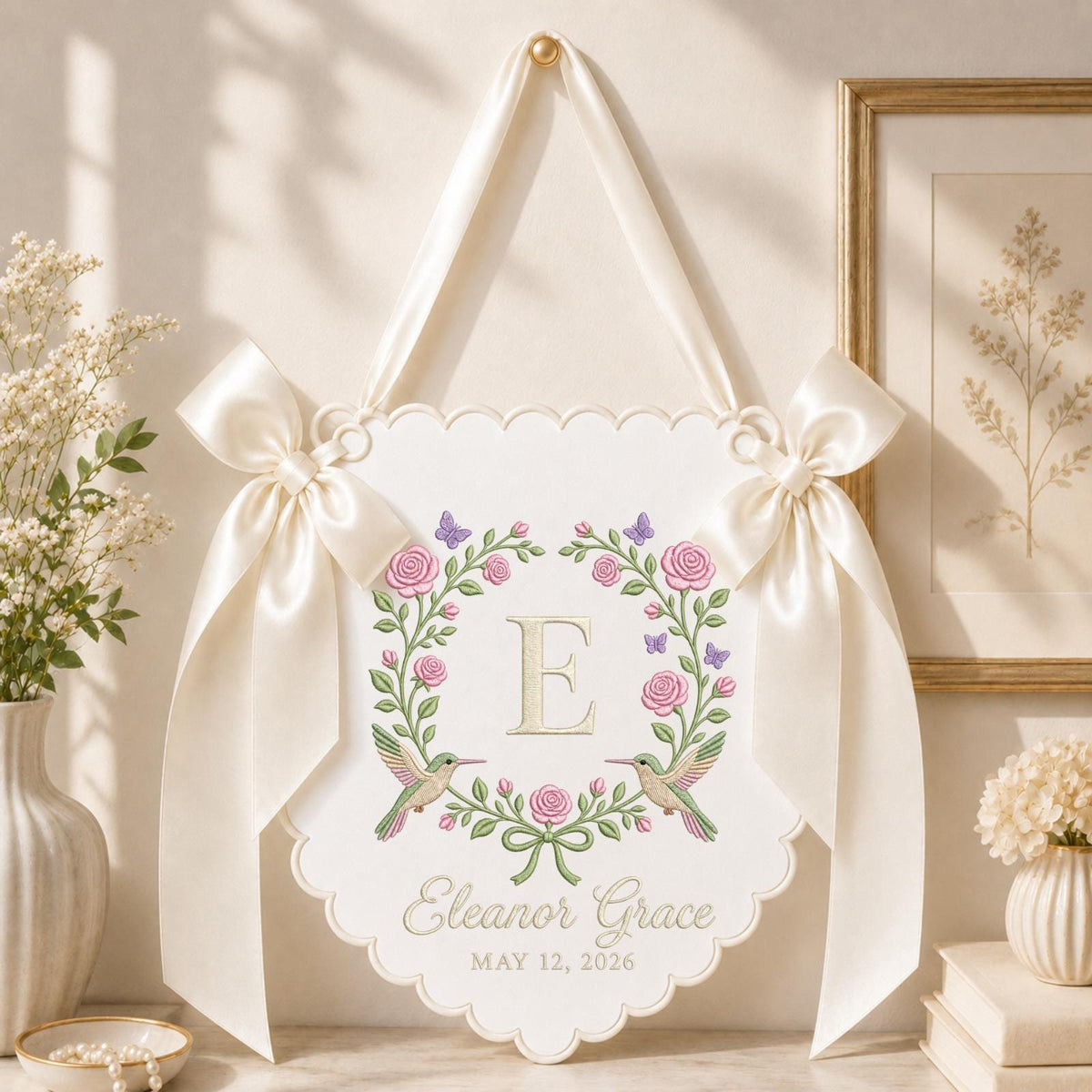 Personalized Hummingbird Floral Embroidered Banner, Custom Baby Name Monogram Wall Hanging, Pink Rose Nursery Decor, Baby Girl Name Sign