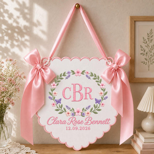 Personalized Floral Monogram Embroidered Banner, Custom Baby Name Wall Hanging, Butterfly Nursery Decor, Initial Name Sign, Baby Shower Gift