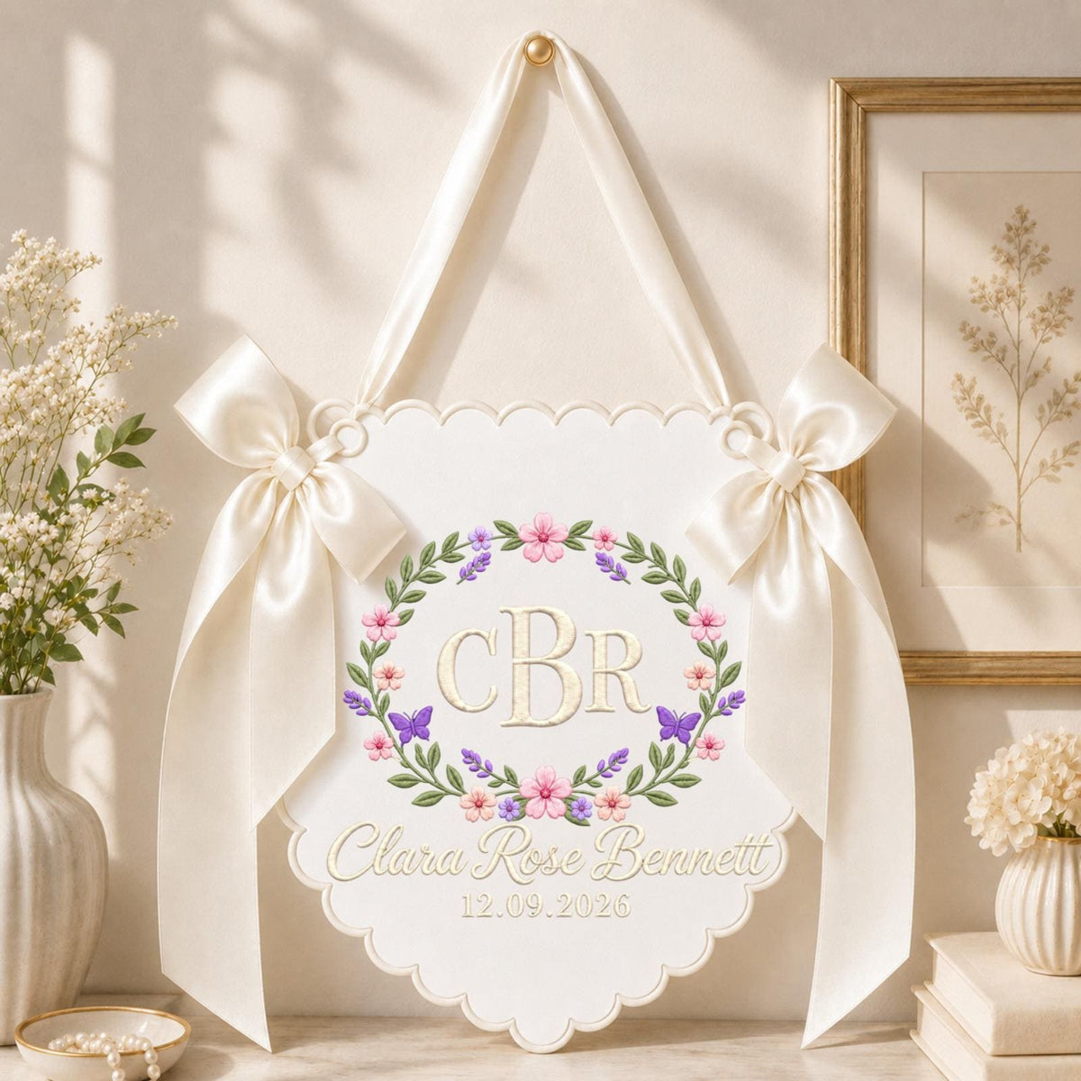 Personalized Floral Monogram Embroidered Banner, Custom Baby Name Wall Hanging, Butterfly Nursery Decor, Initial Name Sign, Baby Shower Gift