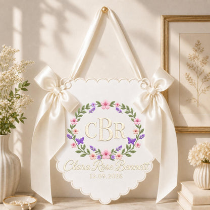 Personalized Floral Monogram Embroidered Banner, Custom Baby Name Wall Hanging, Butterfly Nursery Decor, Initial Name Sign, Baby Shower Gift